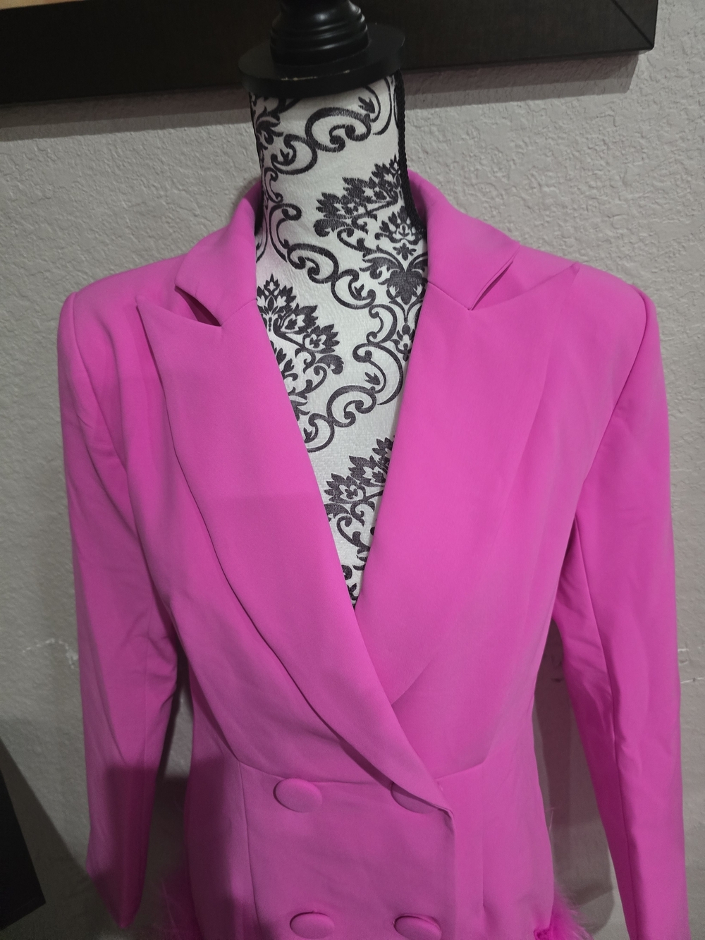 Fashion Nova Neon Pink Feather Trim Double-Breasted Blazer - Picture 7 of 12